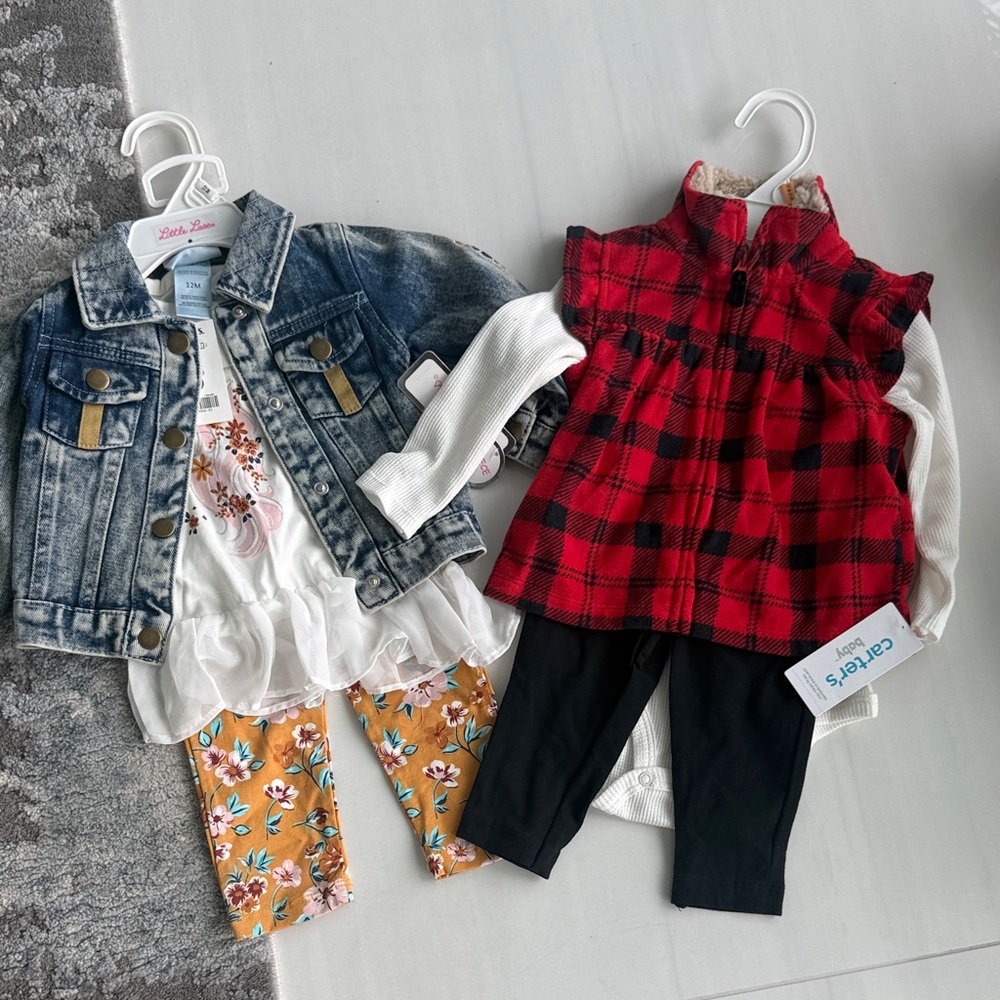 Toddler Girls Denim Jacket Outfit with Floral Top & Mustard Floral Leggings